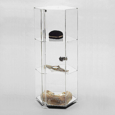Acrylic Countertop Showcase- Hexagon- Two Shelves- Revolving- 8 1/4" x 18 7/8"H-
