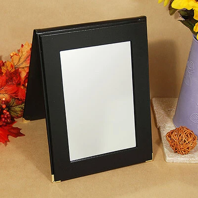Folding Mirror- Black Leatherette Border- Distortion Free Glass- 7 1/4" x 9  3/4"H