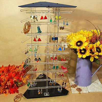 Revolving Earring Display- Three Sided- 10 1/2" x 10 1/2" x 19 1/2"H- Clear- Holds 108 Cards 2" x 2"