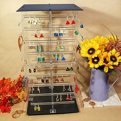 Revolving Earring Display- Four Sided- 10 1/2" x 10 1/2" x 19 1/2"H- Clear- Holds 144 Cards 2" x 2"