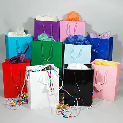 Gift Bags- Glossy- Solid Colors- Medium- 7" x 4" x 9 1/2"- Price Per Dozen