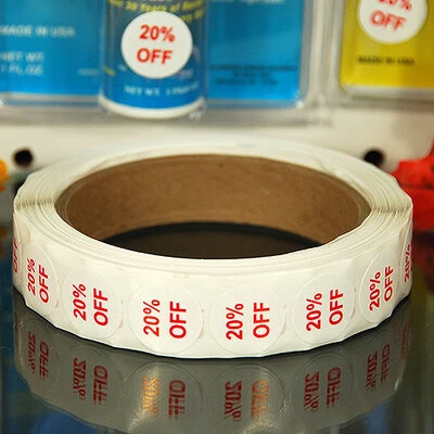 Discount Label 20% - 3/4" Round- Red Print- 1,000/Roll