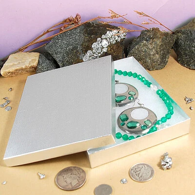 Silver Linen Large Necklace/Earring Set Box- 7" x 5 1/2" x 1"- 50/Case- Made in USA
