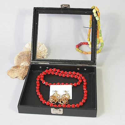 Clear See-Thru Top Jewelry Case- 8 1/4" x 7 1/4" x 2"H- Half Size- Black