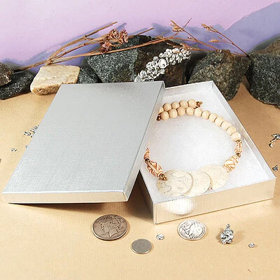 Silver Linen Large Beads/Necklace Box- 8" x 5 1/2" x 1 1/4"- 50/Case- Made in USA