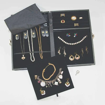 Jewelry Case- Compact- 12 1/8" x 8 1/2" x 2 1/4"H- w/Handle, Key Lock- Black