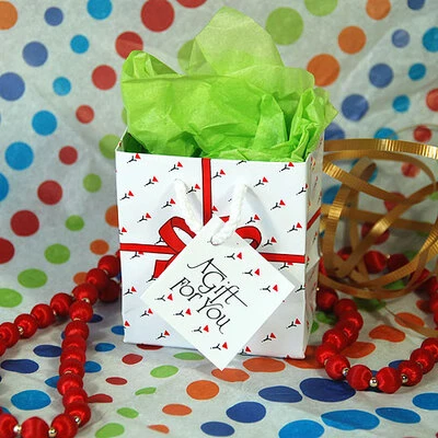 Micro Gift Bags- White w/Red Bow- 3" x 2" x 3 1/2"H- Price Per 100