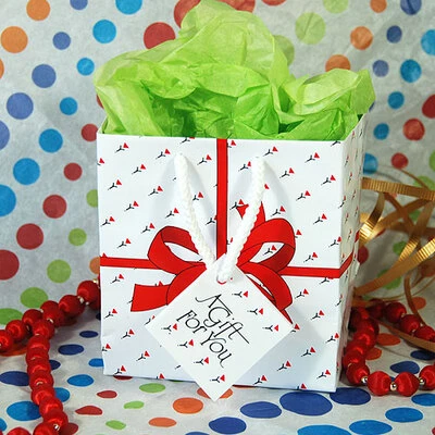Mini Gift Bags- White w/Red Bow- 4" x 2 3/4" x 4 1/2"H- Price Per 100