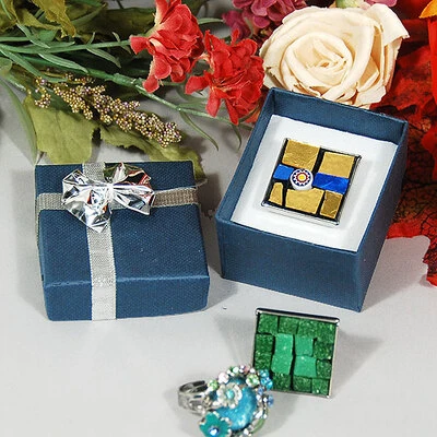 Blue Linen Ring Box with Silver Bow/Tie - 2" x 2 1/8" x 1 3/8"
