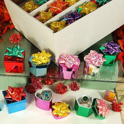 Mini Hat Ring Boxes w/Lg Bow- Metallic- Ass't Colors