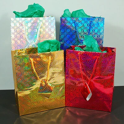 Hologram Gift Bags- Assorted Colors- 7 3/4" x 4" x 9 3/4"H- Price Per Dozen
