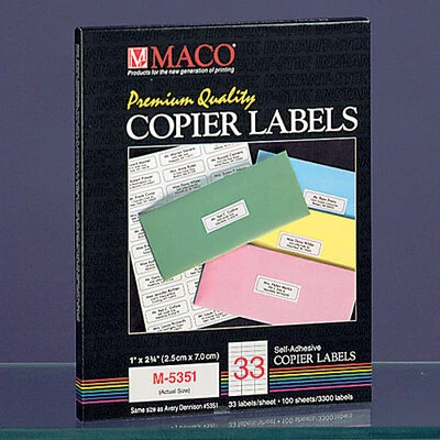 Copier Labels- 1" x 2 3/4"- White- 33/Sheet, 3 Across, 100 Sheets/Box
