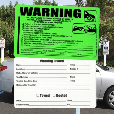 Parking Violation Stickers- Permanent- Warning With Check Boxes- Towing Stickers- 8" x 5"- 50/pack