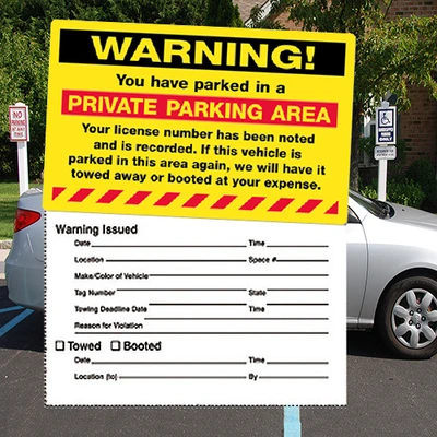 Parking Violation Stickers- Permanent- Warning Private Parking Area- 8" x 5"- 50/pack