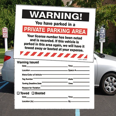 Parking Violation Stickers- Removable- Warning Private Parking- 8" x 5"- 50/pack