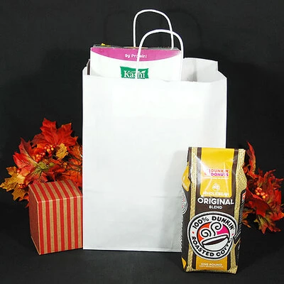 Paper Shopping Bags- White Kraft- Debbie Size- 10" x 5" x 13"- 80 lb Basis Wt- 250/pack