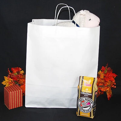 Paper Shopping Bags- White Kraft- Queen Size- 16" x 6" x 19"- 80 lb Basis Wt- 200/pack-
