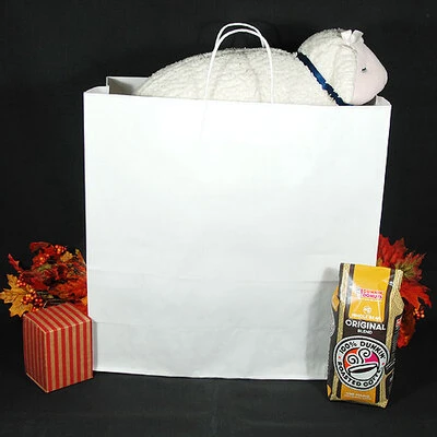 Paper Shopping Bags- White Kraft- Jumbo Size- 18" x 7" x 18"- 80 lb Basis Wt- 200/pack