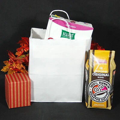 Paper Shopping Bags- White Kraft- Cub Size- 8" x 4 3/4" x 10 1/4"- 80 lb Basis Wt- 250/pack