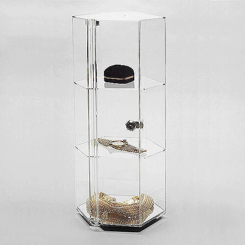 Acrylic Countertop Showcase- Hexagon- Two Shelves- Revolving- 8 1/4" x 18 7/8"H-