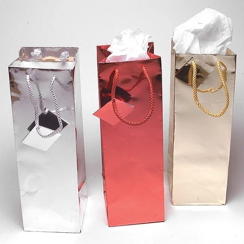 Foil Gift Bags- Bottle and Wine- 4" x 4" x 14"- Price is Per Dozen- Choose Gold or Red