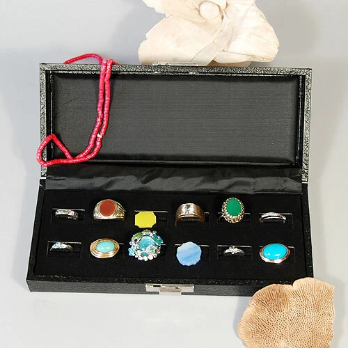12 Slot Ring Case- Textured Case w/Clasp- Hinged- 8 1/4" x 3 5/8"