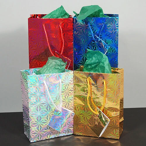 Hologram Gift Bags- Assorted Colors- 4 3/4" x 2 1/2" x 6 3/4"H- Price Per Dozen-
