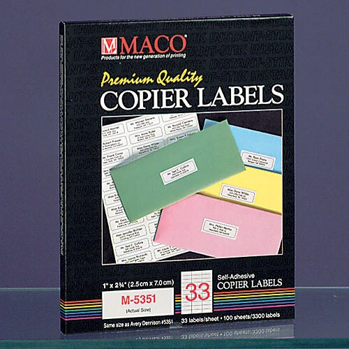Copier Labels- 1" x 2 3/4"- White- 33/Sheet, 3 Across, 100 Sheets/Box