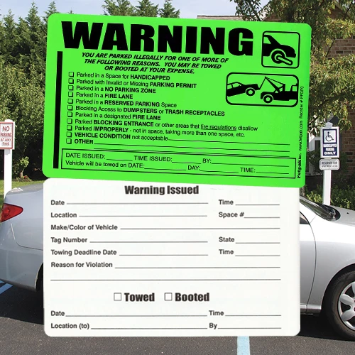 Parking Violation Stickers- Permanent- Warning With Check Boxes- Towing Stickers- 8" x 5"- 50/pack