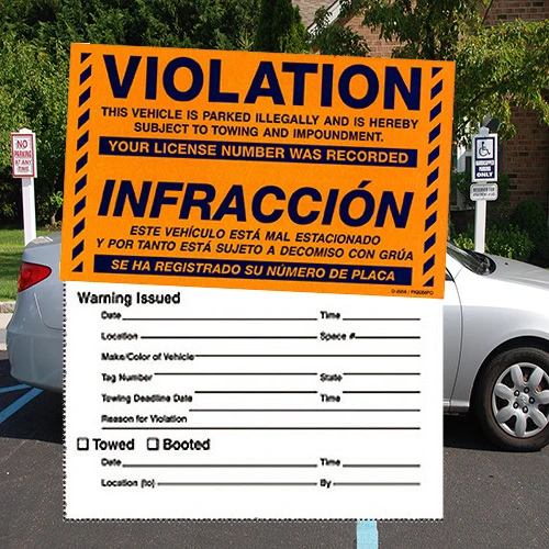 Parking Violation Infraccion Stickers- Permanent- English, Spanish- 8" x 5"- 50/pack-